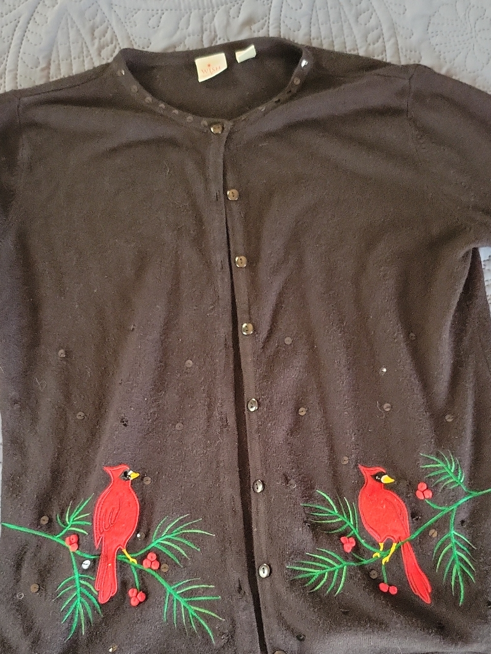 Holiday Cardigan Sweater with Red Cardinal Embroidery